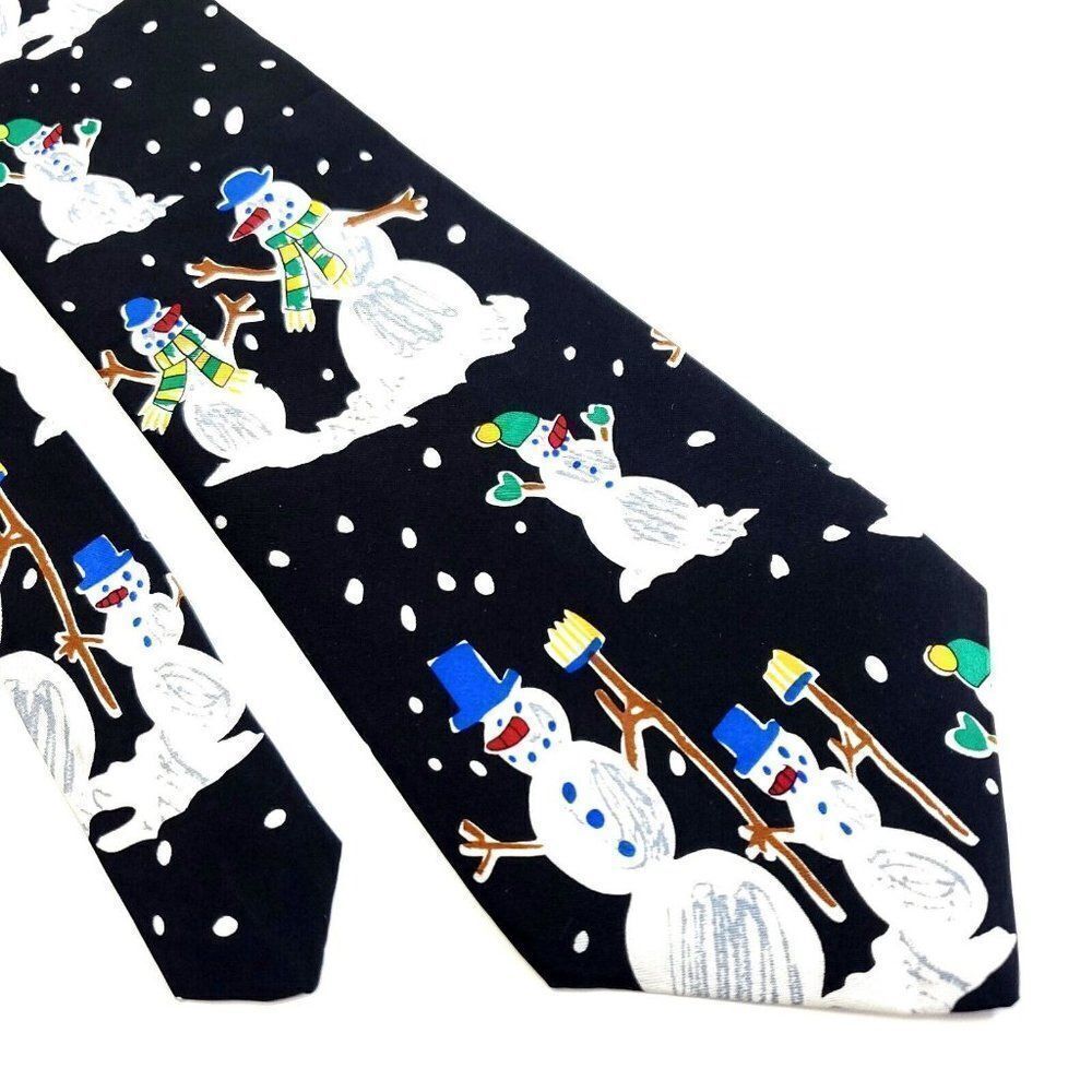Save The Children "It's Cold Out Here" Snowman‎ Black Print Short Wide Silk Tie